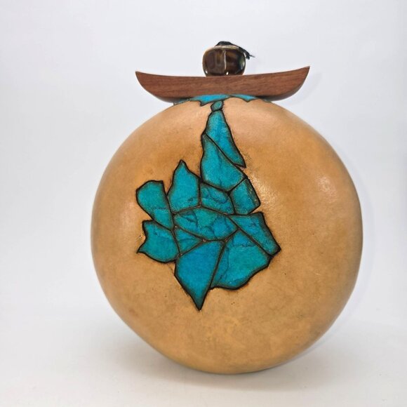 M & K Doolittle Handcrafted Gourd Art Decor With Turquoise Mosaic Wood Top je126 - Picture 7 of 14